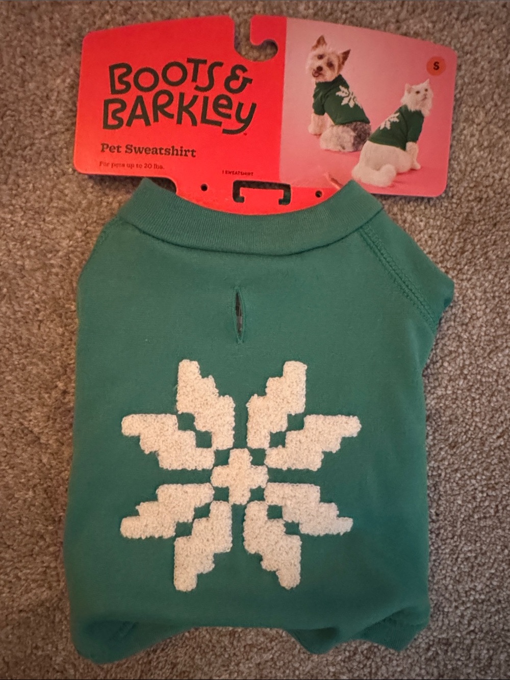 Boots & Barkley Green Pet Sweatshirt with White Snowflake Applique
